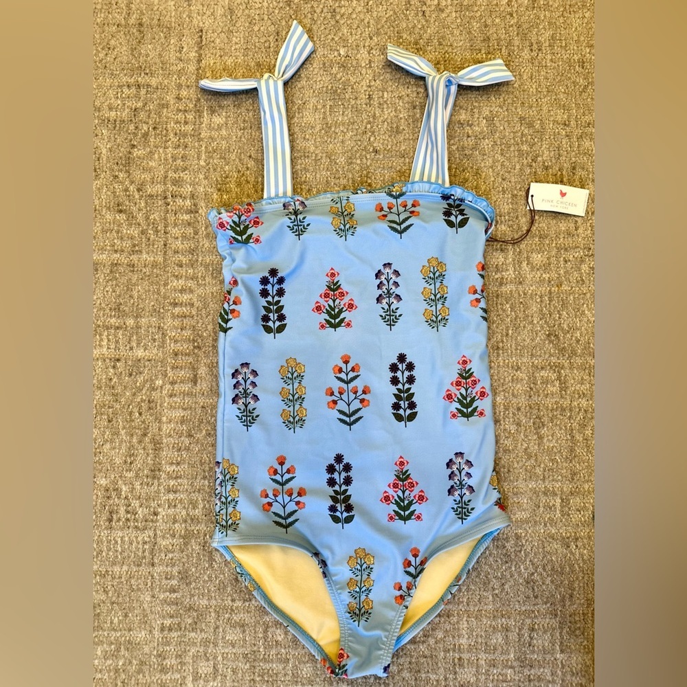 NWT Pink Chicken girls Blue Bell Floral Hero swimsuit 14